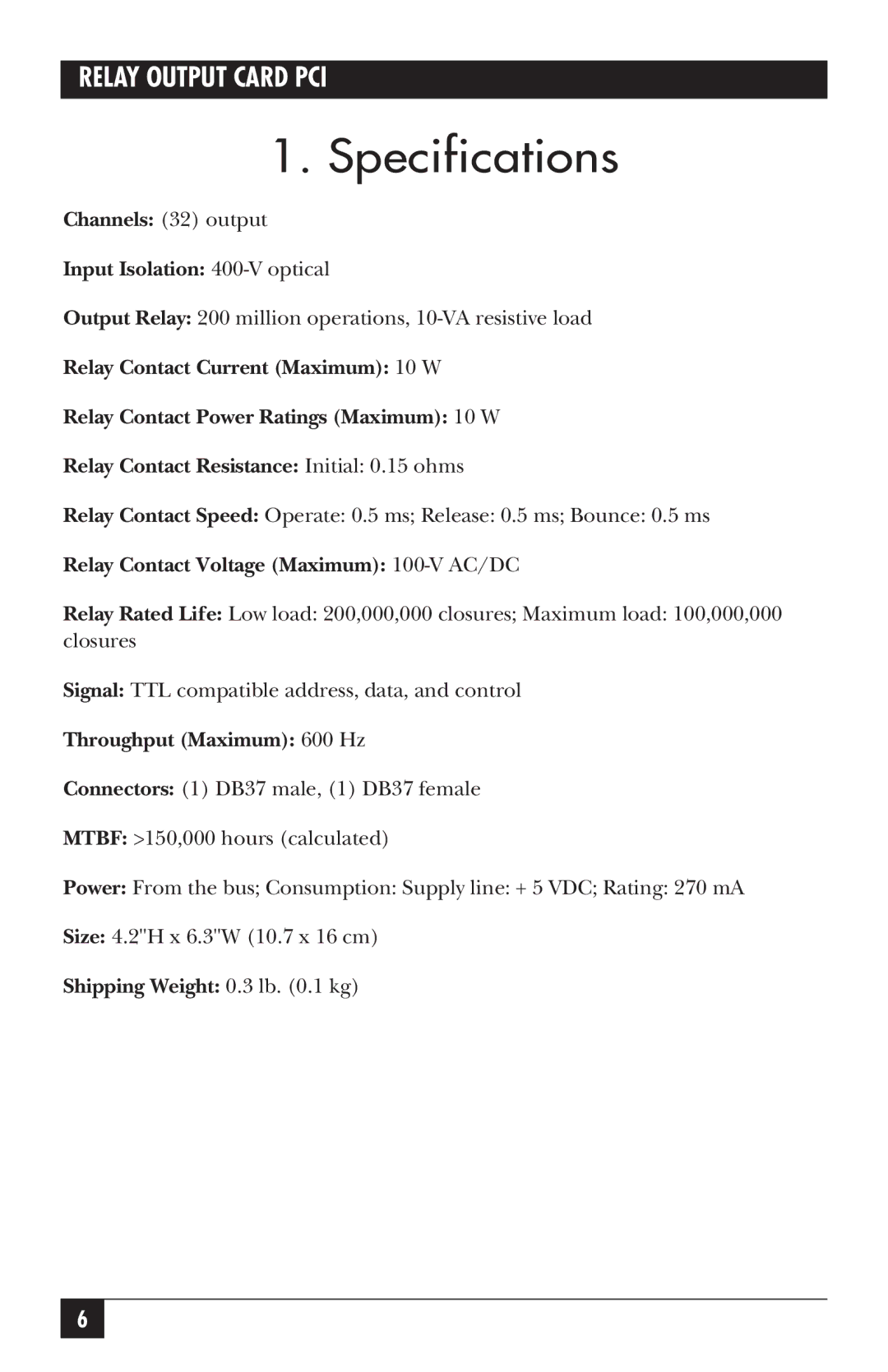 Black Box IC907C manual Specifications, Relay Contact Voltage Maximum 100-V AC/DC 