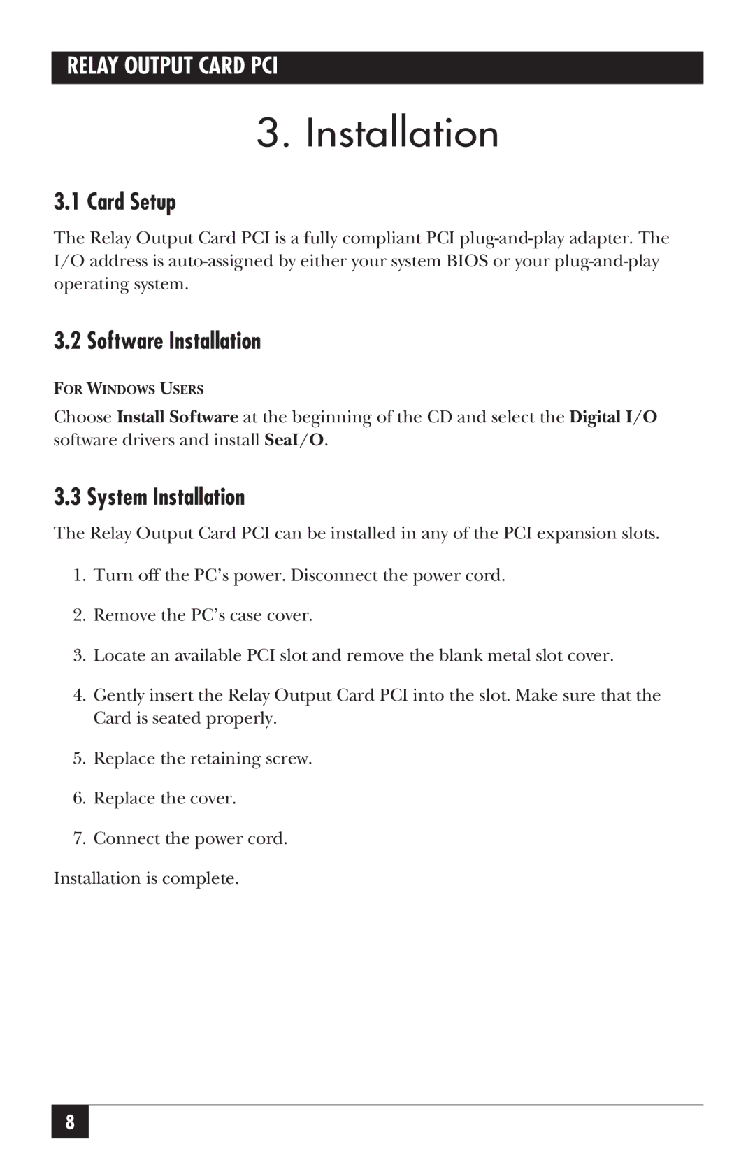 Black Box IC907C manual Card Setup, Software Installation, System Installation 