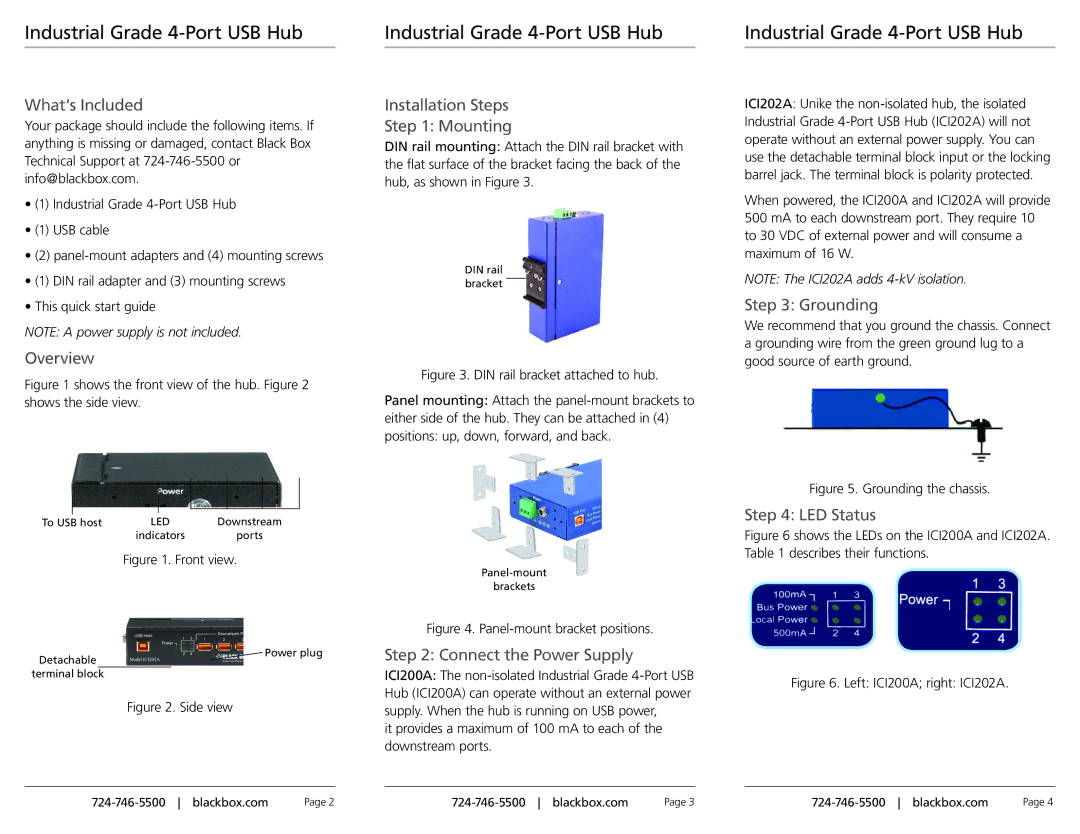 Black Box Industrial Grade 4-Port USB Hub What’s Included, Overview, Installation Steps Mounting, Connect the Power Supply 