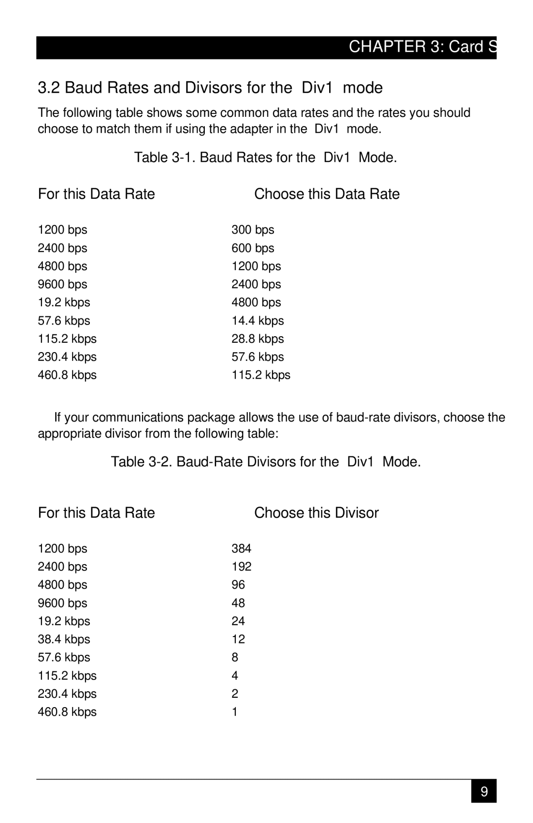 Black Box ICI42C manual Baud Rates and Divisors for the Div1 mode, For this Data Rate 