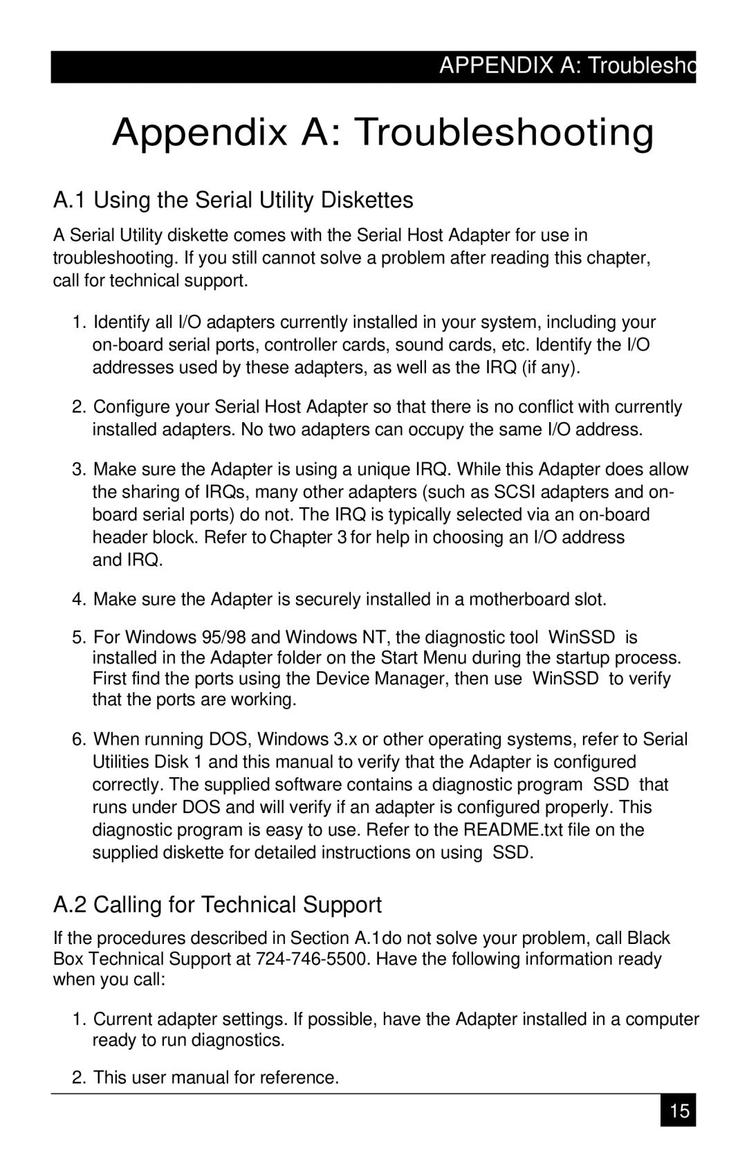 Black Box ICI42C manual Appendix a Troubleshooting, Using the Serial Utility Diskettes, Calling for Technical Support 