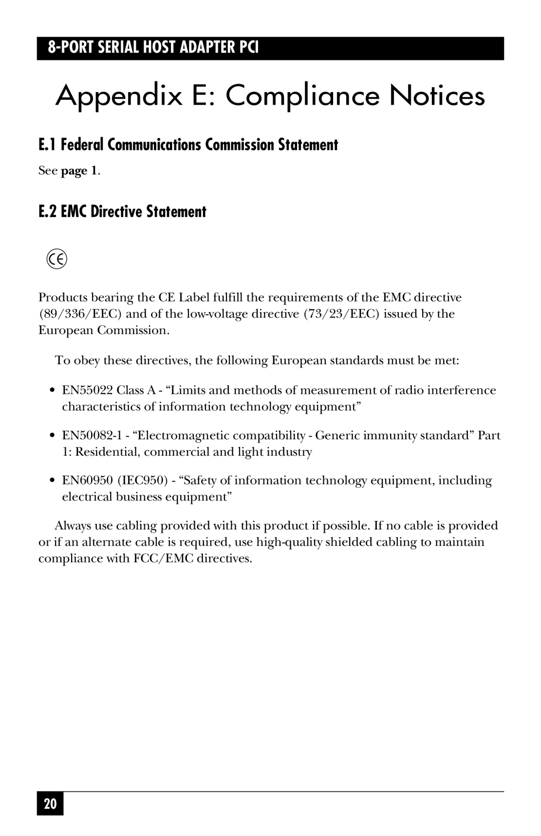 Black Box ICI42C manual Appendix E Compliance Notices, Federal Communications Commission Statement, EMC Directive Statement 