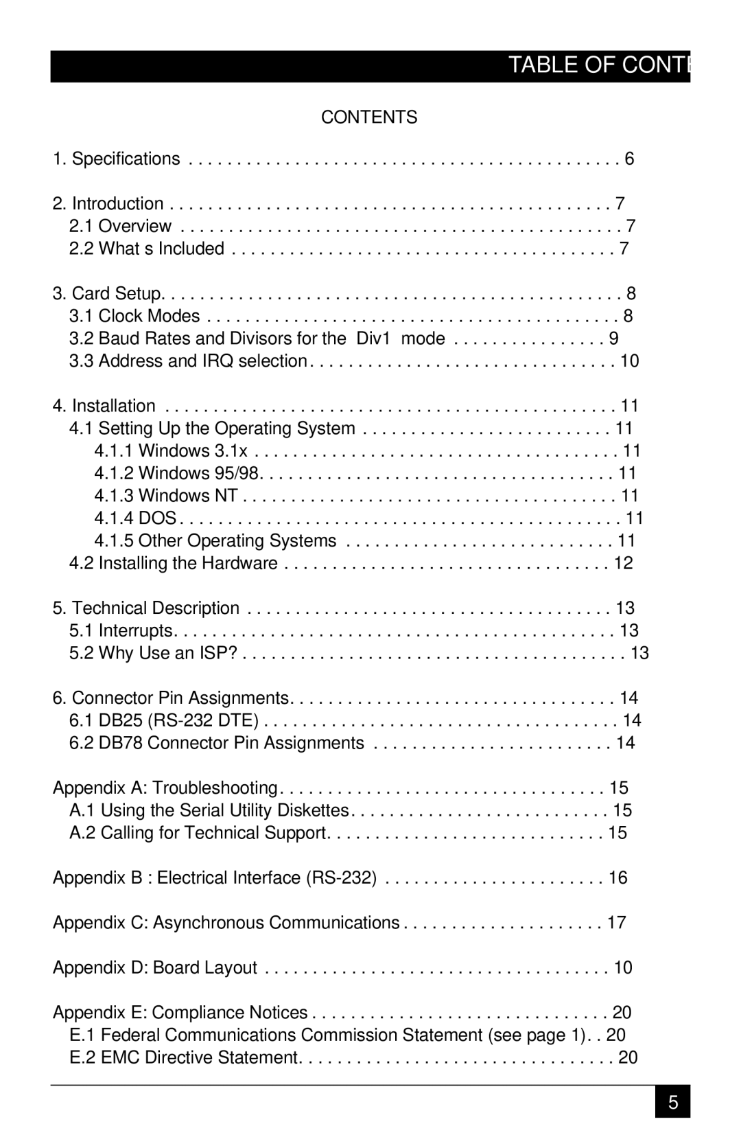 Black Box ICI42C manual Table of Contents 