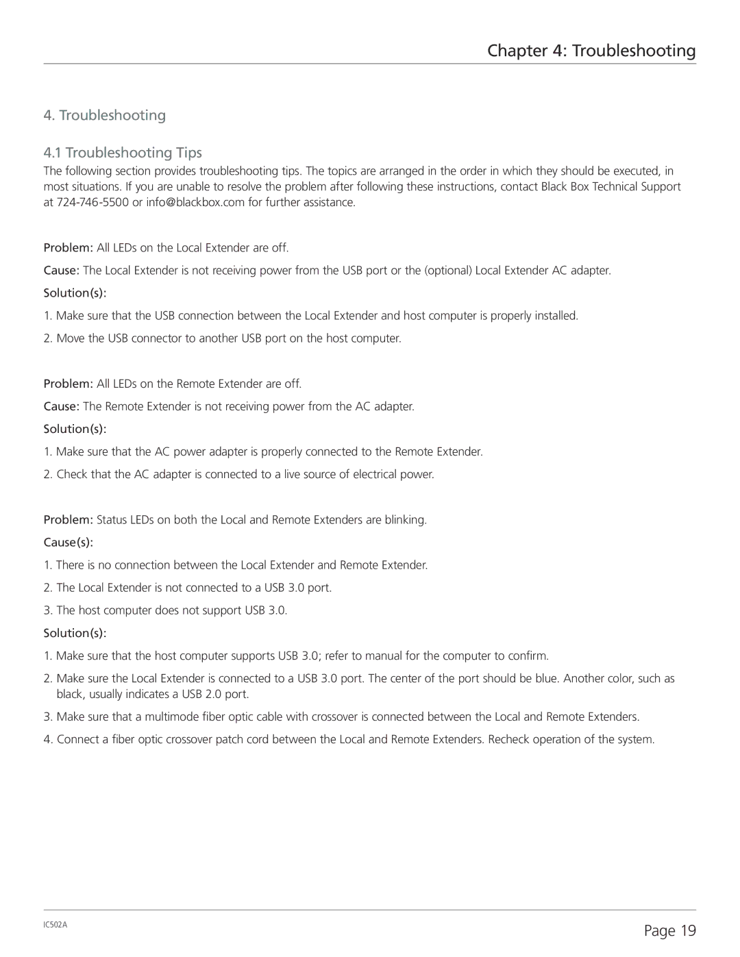 Black Box 2-Port USB 3.0 Fiber Extender, ICS02A manual Troubleshooting Troubleshooting Tips 