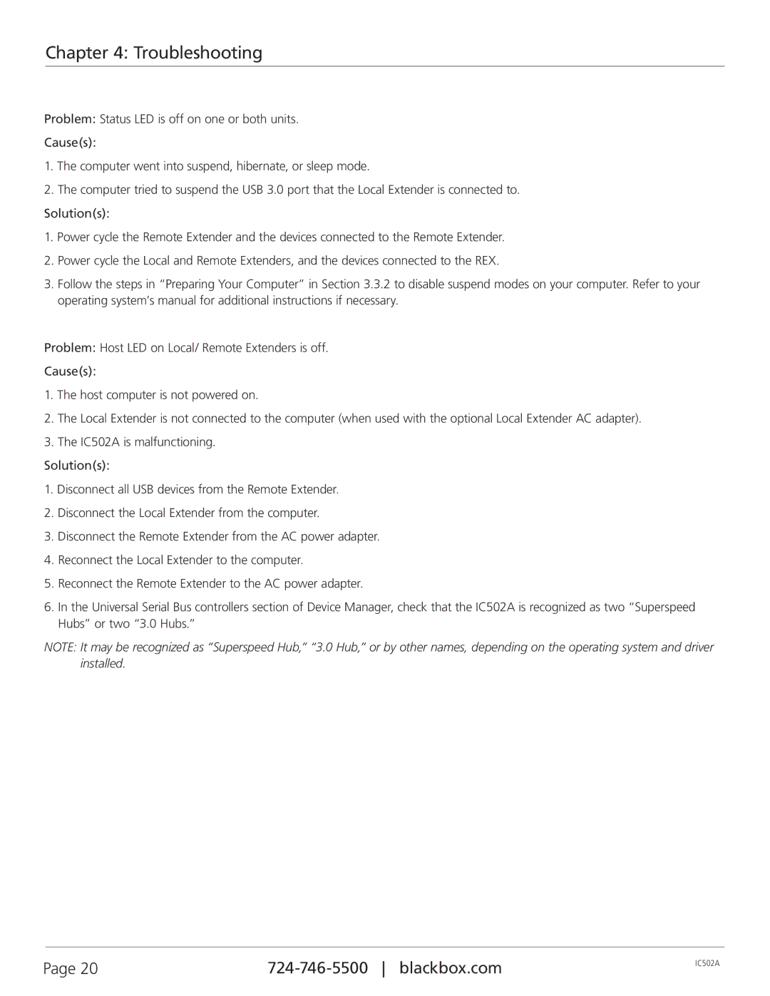 Black Box ICS02A, 2-Port USB 3.0 Fiber Extender manual Troubleshooting 
