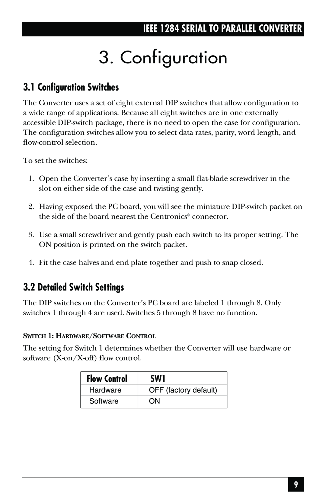 Black Box IEEE 1284 manual 3.1Configuration Switches, Detailed Switch Settings, Flow Control 