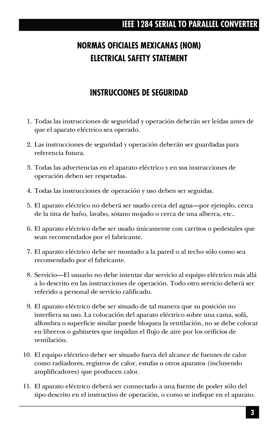 Black Box IEEE 1284 manual Normas Oficiales Mexicanas Nom, Electrical Safety Statement, Instrucciones De Seguridad 