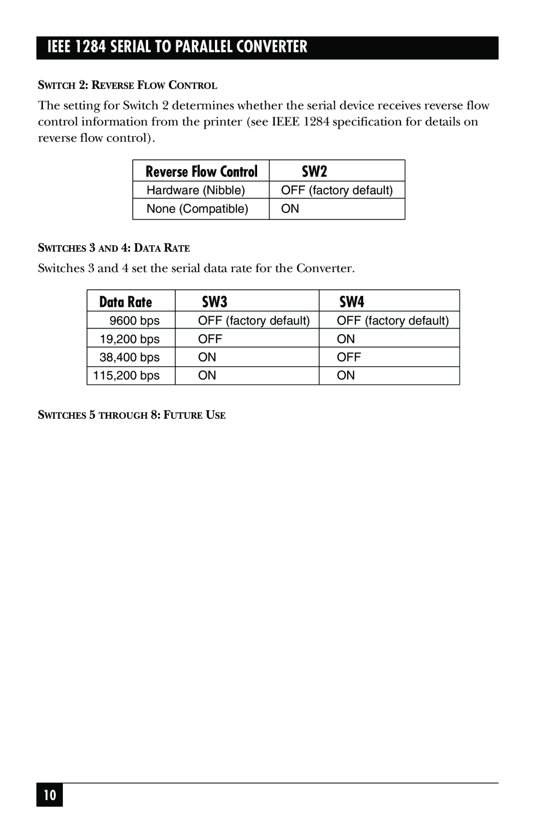 Black Box IEEE 1284 manual SW2, Data Rate 