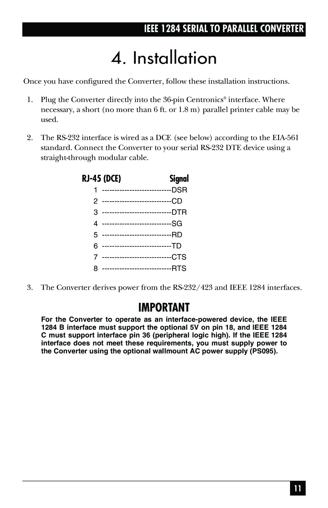 Black Box IEEE 1284 manual Installation, RJ-45 DCE 