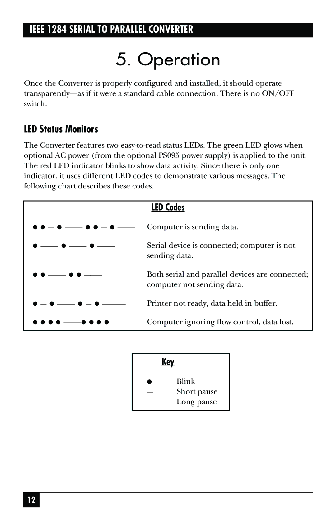 Black Box IEEE 1284 manual Operation, LED Status Monitors, LED Codes, Key 