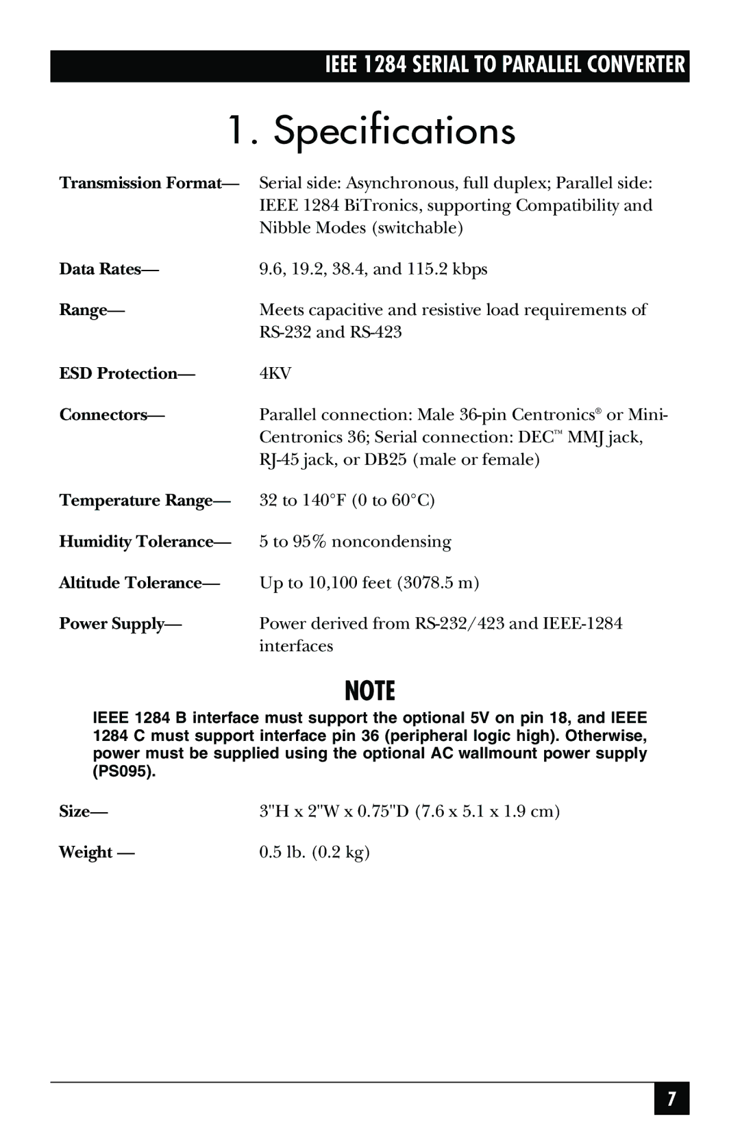 Black Box IEEE 1284 manual Specifications, Transmission Format 