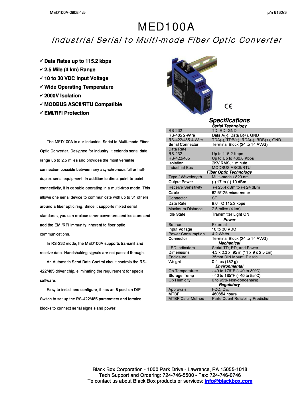 Black Box Industrial Serial to Multi-mode Fiber Optic Converter specifications MED100A, Specifications 