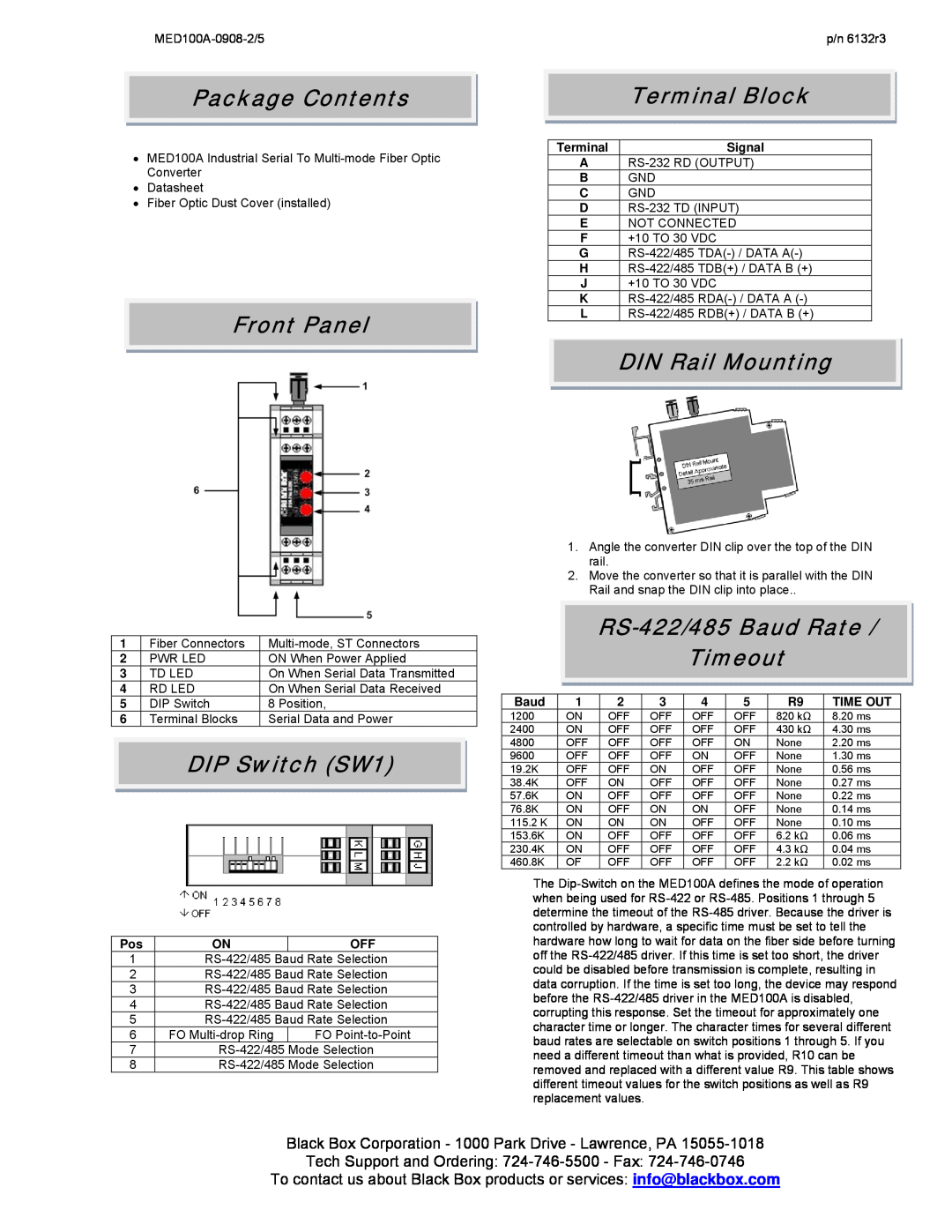 Black Box MED100A specifications Package Contents, Terminal Block, Front Panel, DIP Switch SW1, DIN Rail Mounting 