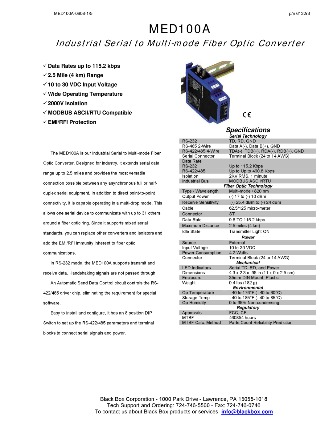 Black Box Industrial Serial to Multi-mode Fiber Optic Converter specifications Td, Rd, Gnd, Modbus ASCII/RTU, Fcc, Ce 