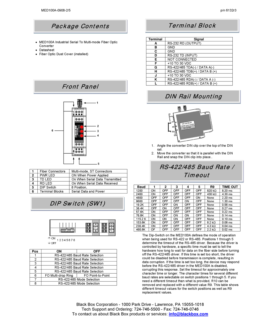 Black Box MED100A specifications Package Contents Terminal Block, Front Panel, DIP Switch SW1, DIN Rail Mounting 