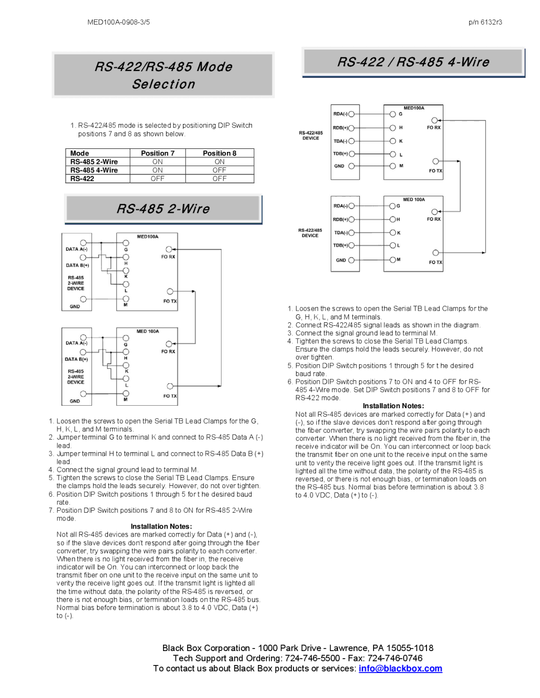 Black Box Industrial Serial to Multi-mode Fiber Optic Converter, MED100A RS-422/RS-485 Mode Selection, RS-485 2-Wire 