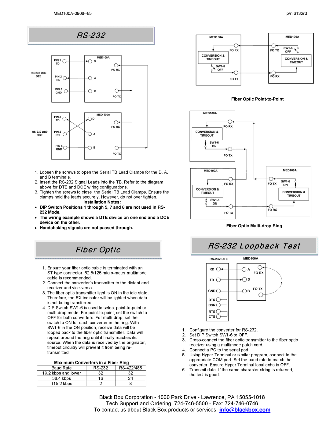 Black Box MED100A Fiber Optic RS-232 Loopback Test, Fiber Optic Point-to-Point Fiber Optic Multi-drop Ring 