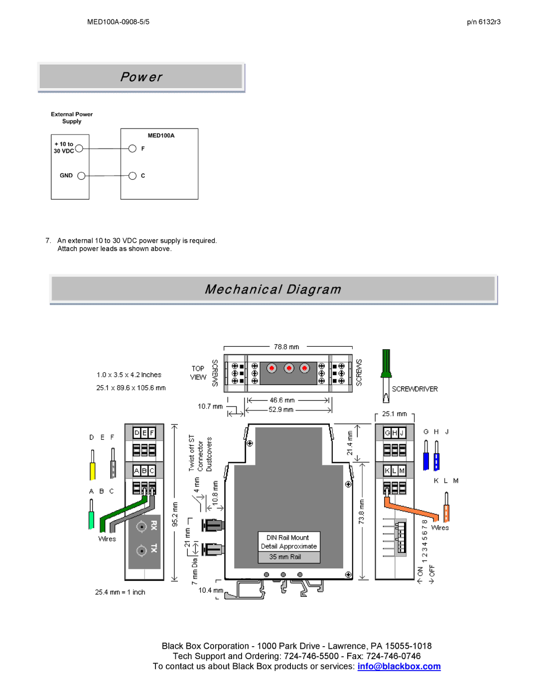 Black Box Industrial Serial to Multi-mode Fiber Optic Converter, MED100A specifications Power, Mechanical Diagram 