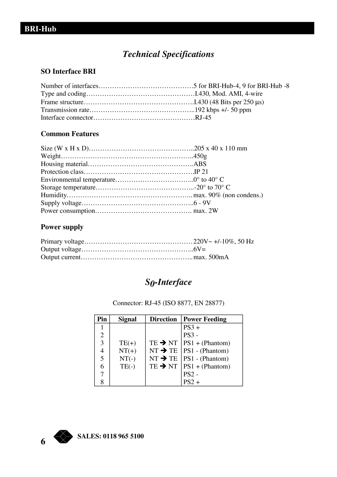 Black Box ISU2011-4-EURO manual Technical Specifications, S0-Interface, SO Interface BRI, Common Features, Power supply 