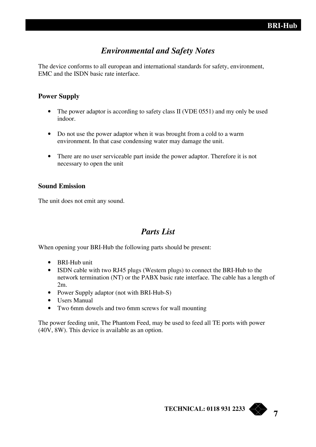 Black Box ISU2011-8-UK, ISU2011-8-EURO, ISU2011-4-UK manual Environmental and Safety Notes, Parts List, Sound Emission 