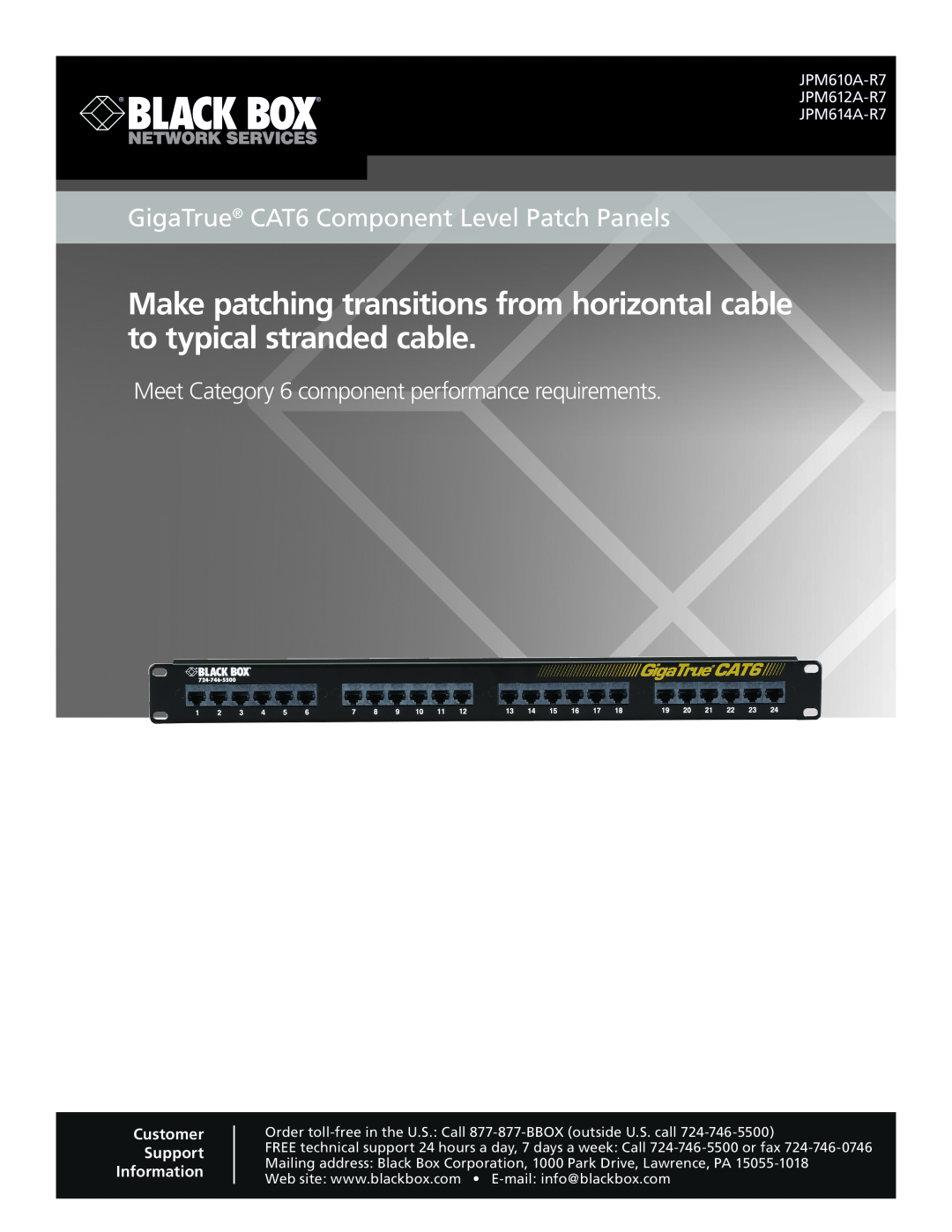 Black Box manual GigaTrue CAT6 Component Level Patch Panels, JPM610A-R7 JPM612A-R7 JPM614A-R7 