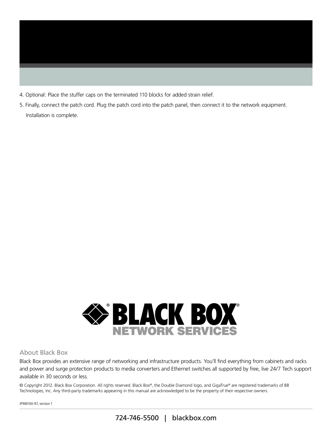 Black Box JPM614A-R7, JPM612A-R7 manual 724-746-5500| blackbox.com, About Black Box, JPM610A-R7,version 