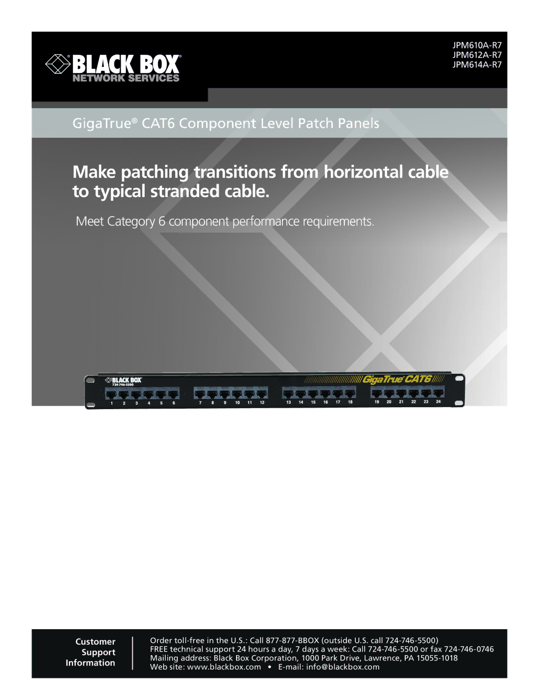 Black Box JPM610A-R7, JPM614A-R7, JPM612A-R7 manual GigaTrue CAT6 Component Level Patch Panels 