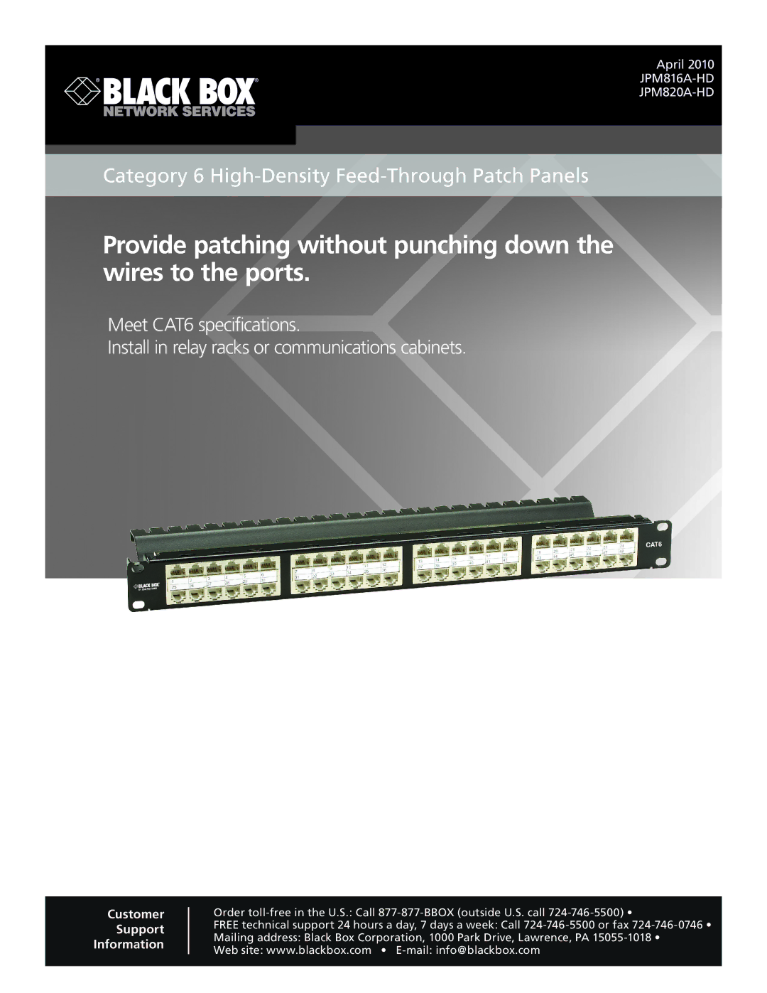 Black Box JPM820A-HD, JPM816A-HD specifications Category 6 High-Density Feed-Through Patch Panels 