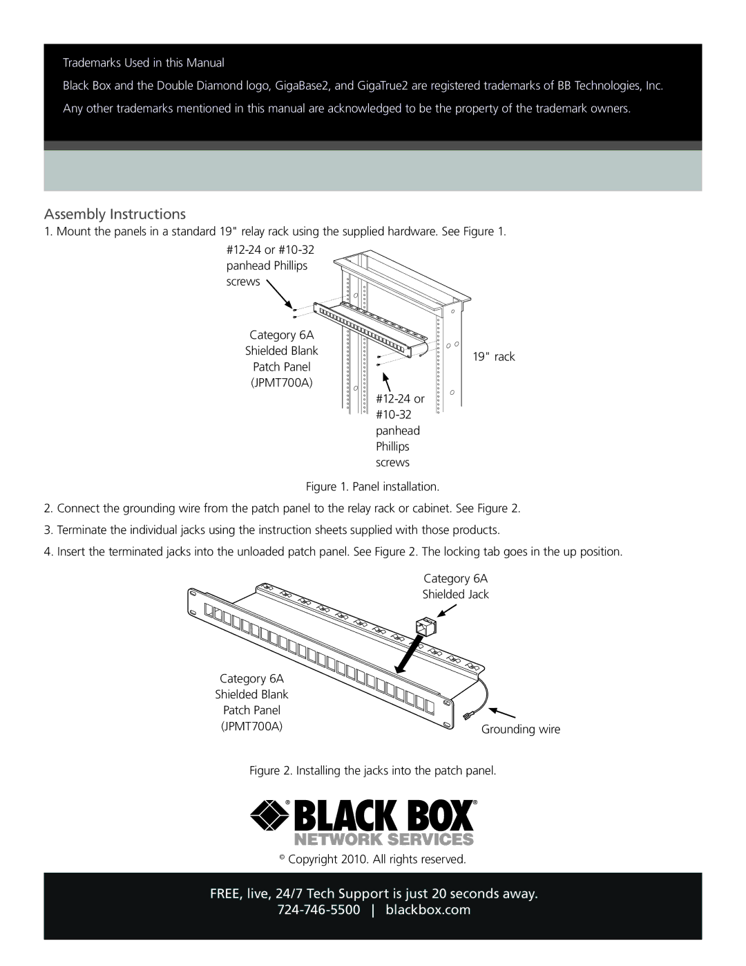 Black Box JPMT700A, Category 6A Shielded Blank Patch Panel-24-Port specifications Assembly Instructions 