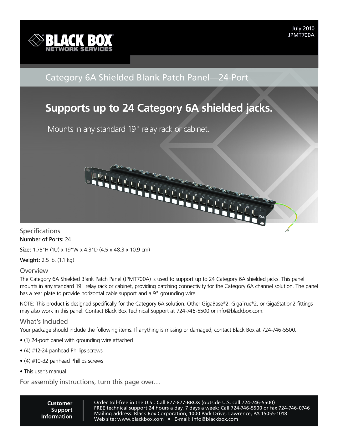 Black Box Category 6A Shielded Blank Patch Panel-24-Port specifications Specifications, Overview, What’s Included 