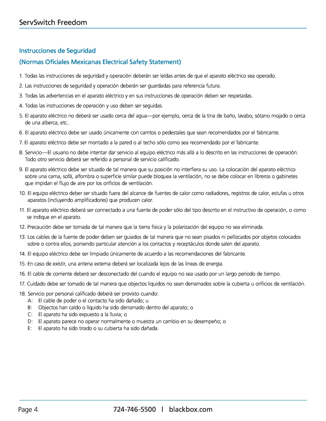 Black Box KV0004A Instrucciones de Seguridad, Normas Oficiales Mexicanas Electrical Safety Statement, ServSwitch Freedom 