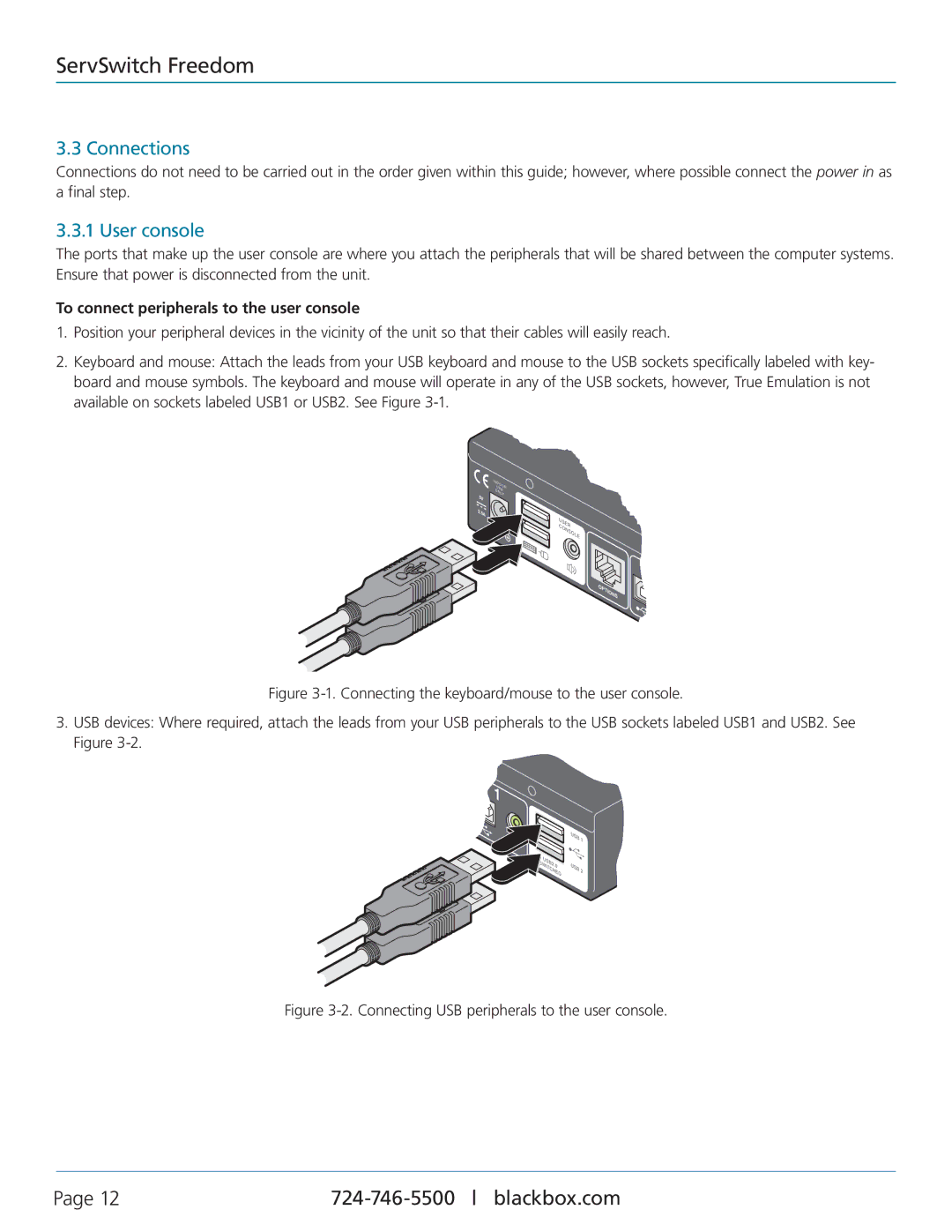 Black Box KV0004A-LED, KV0004A-XTRA-LED manual Connections, User console, To connect peripherals to the user console 