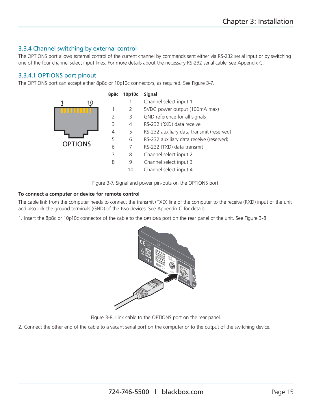 Black Box ServSwitch Freedom, KV0004A-LED, KV0004A-XTRA-LED Channel switching by external control, Options port pinout 