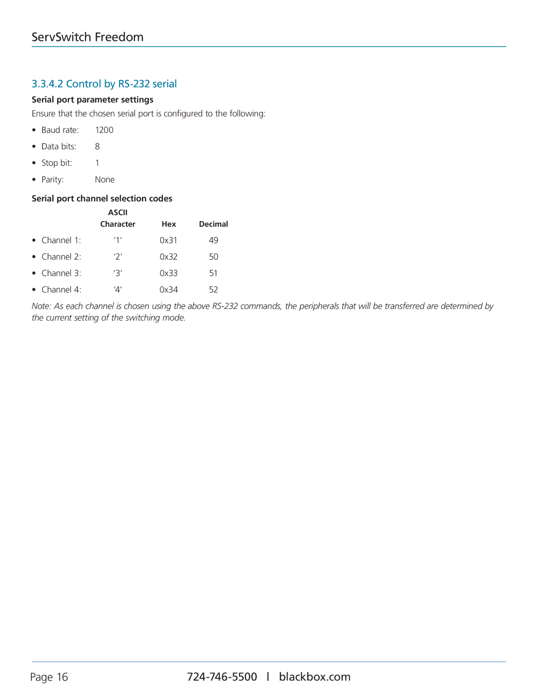 Black Box KV0004A manual Control by RS-232 serial, Serial port parameter settings, Serial port channel selection codes 