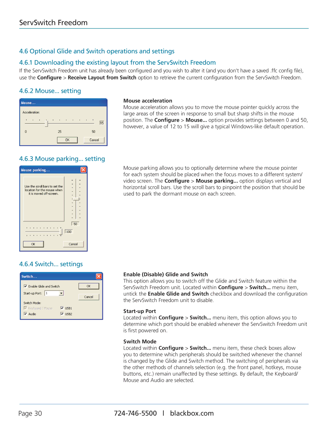 Black Box KV0004A-XTRA-LED, KV0004A-LED, ServSwitch Freedom Mouse... setting, Mouse parking... setting, Switch... settings 