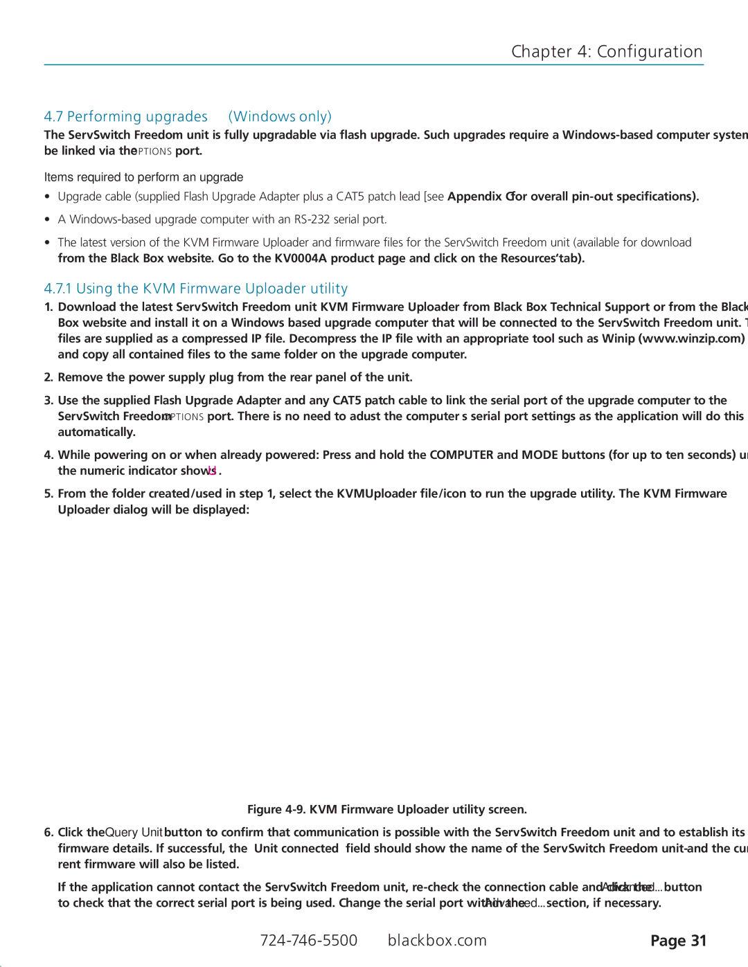 Black Box ServSwitch Freedom, KV0004A manual Performing upgrades Windows only, Using the KVM Firmware Uploader utility 