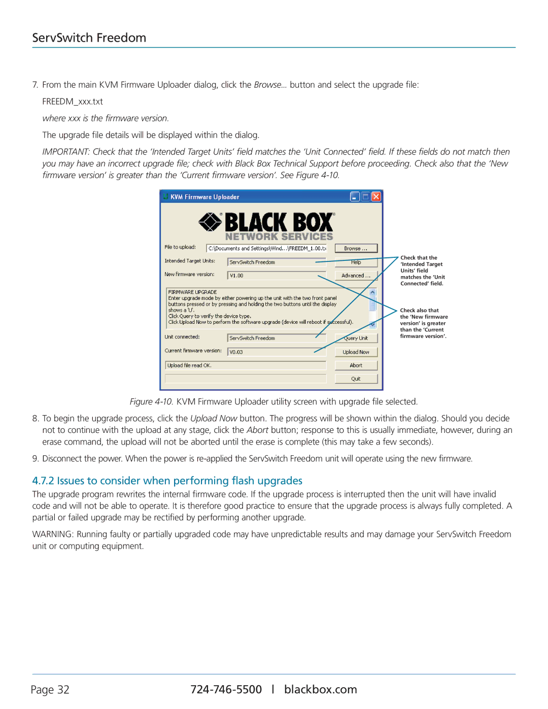 Black Box KV0004A-LED, KV0004A-XTRA-LED, ServSwitch Freedom manual Issues to consider when performing flash upgrades 