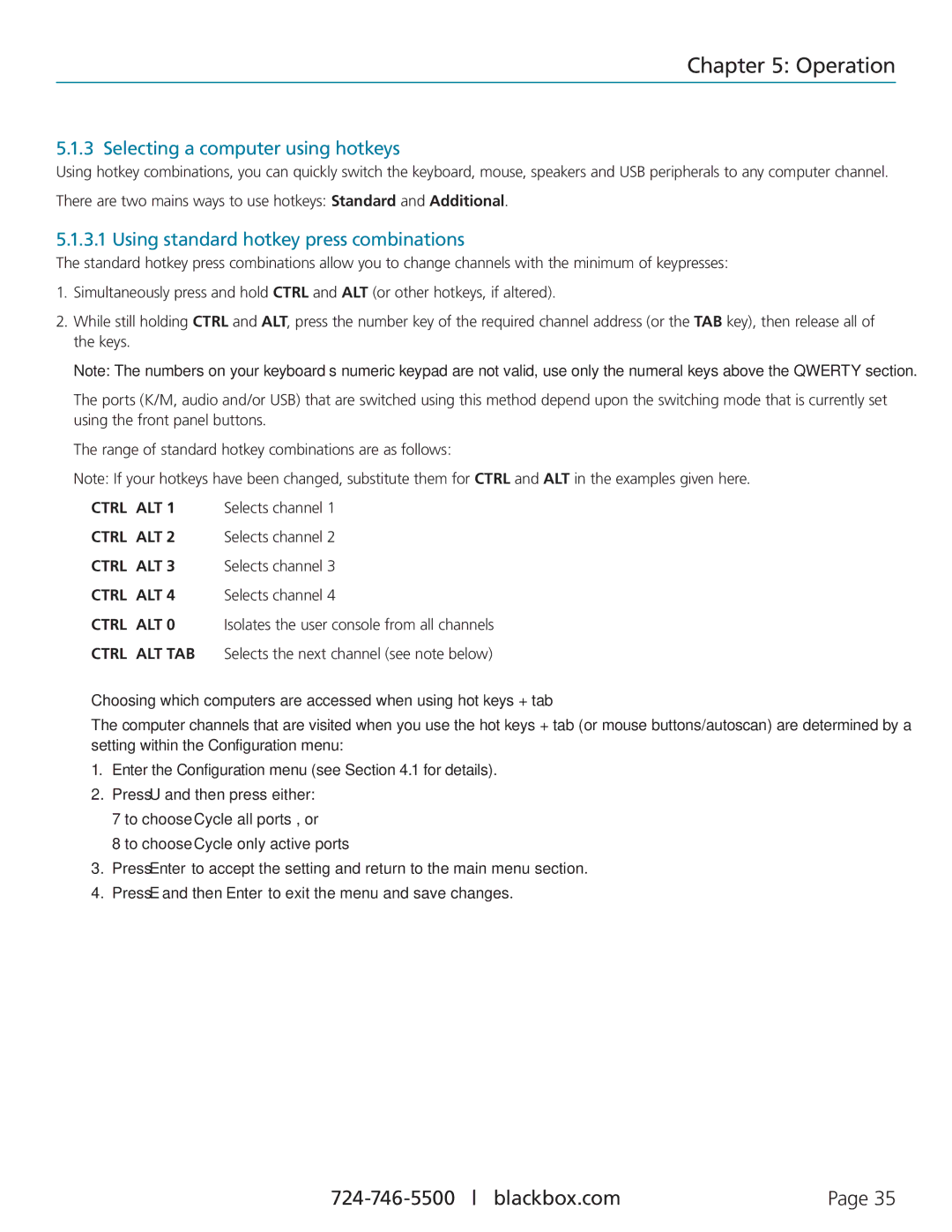 Black Box ServSwitch Freedom Selecting a computer using hotkeys, Using standard hotkey press combinations, Selects channel 