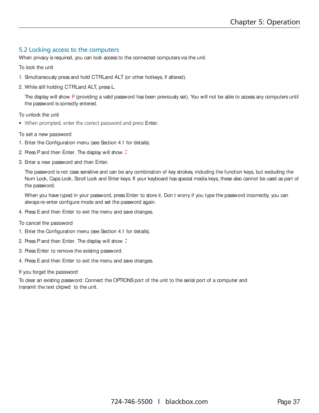 Black Box KV0004A-LED manual Locking access to the computers, To lock the unit, To unlock the unit, To cancel the password 