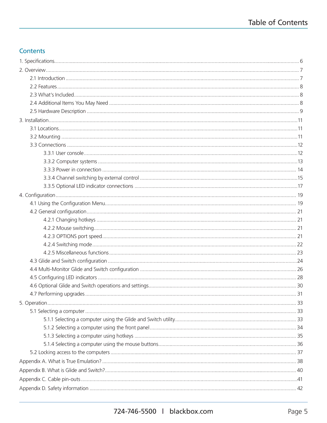 Black Box KV0004A-LED, KV0004A-XTRA-LED, ServSwitch Freedom manual Table of Contents 