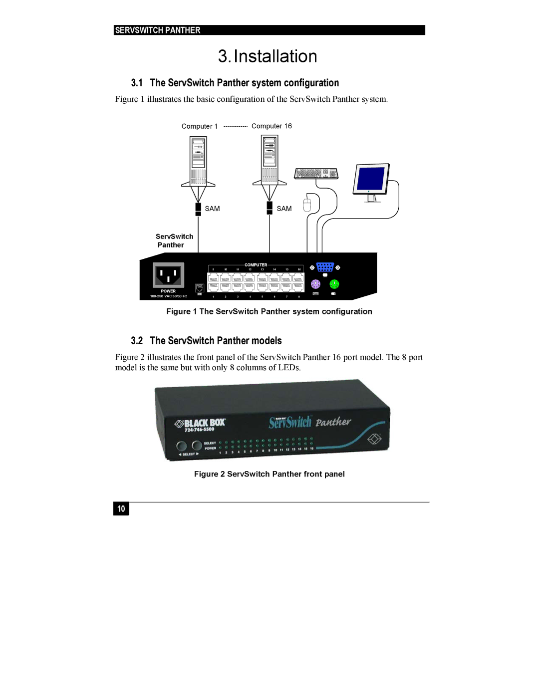 Black Box KV1108A, KV1116A manual Installation, ServSwitch Panther system configuration, ServSwitch Panther models 