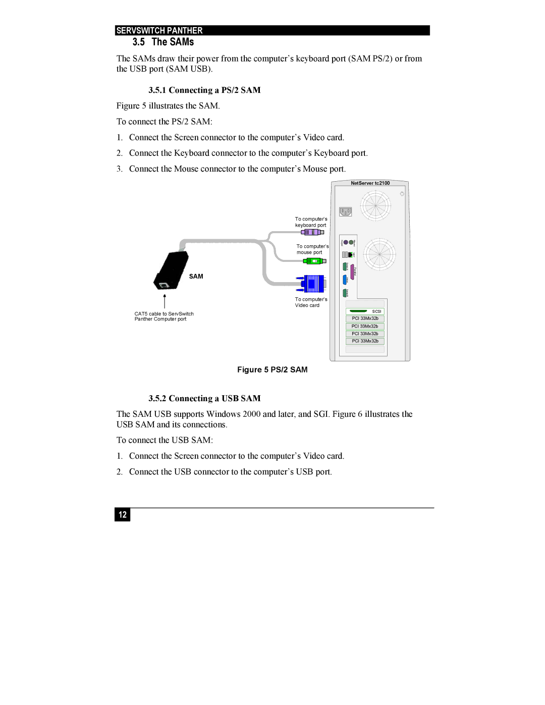 Black Box KV1108A, KV1116A manual SAMs, Connecting a PS/2 SAM, Connecting a USB SAM 