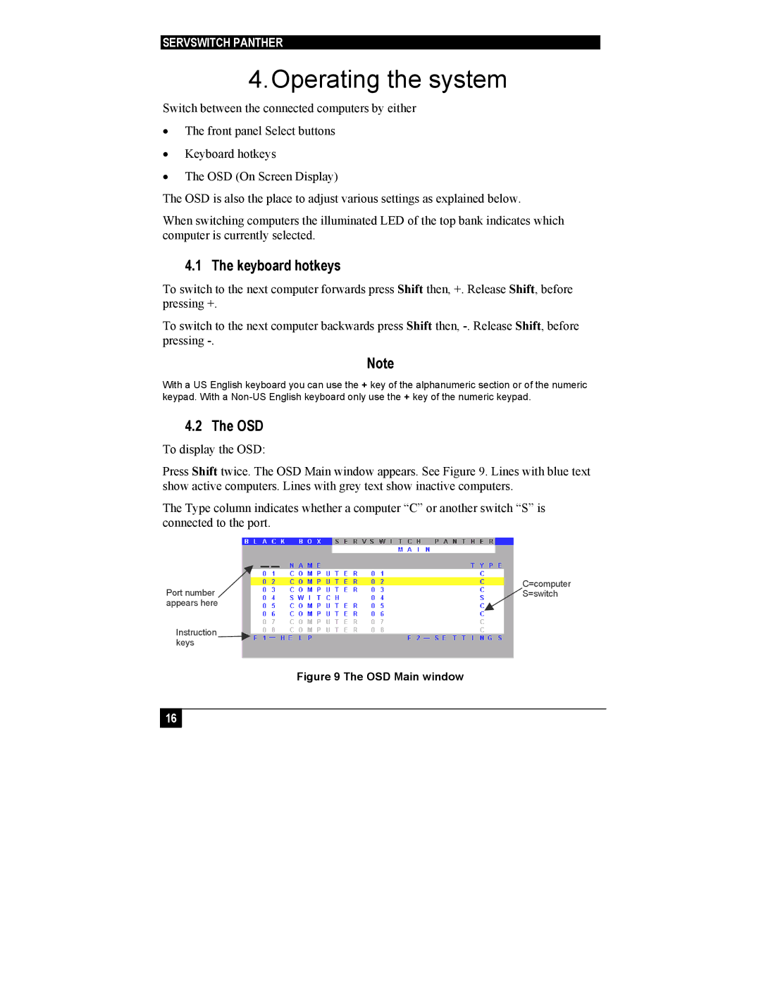 Black Box KV1108A, KV1116A manual Operating the system, Keyboard hotkeys, Osd 