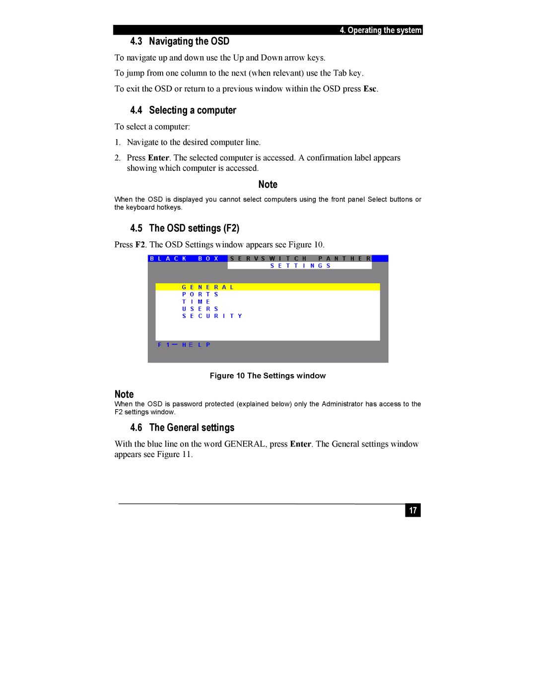 Black Box KV1116A, KV1108A manual Navigating the OSD, Selecting a computer, OSD settings F2, General settings 