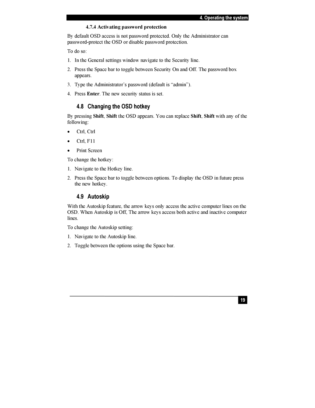 Black Box KV1116A, KV1108A manual Changing the OSD hotkey, Autoskip, Activating password protection 