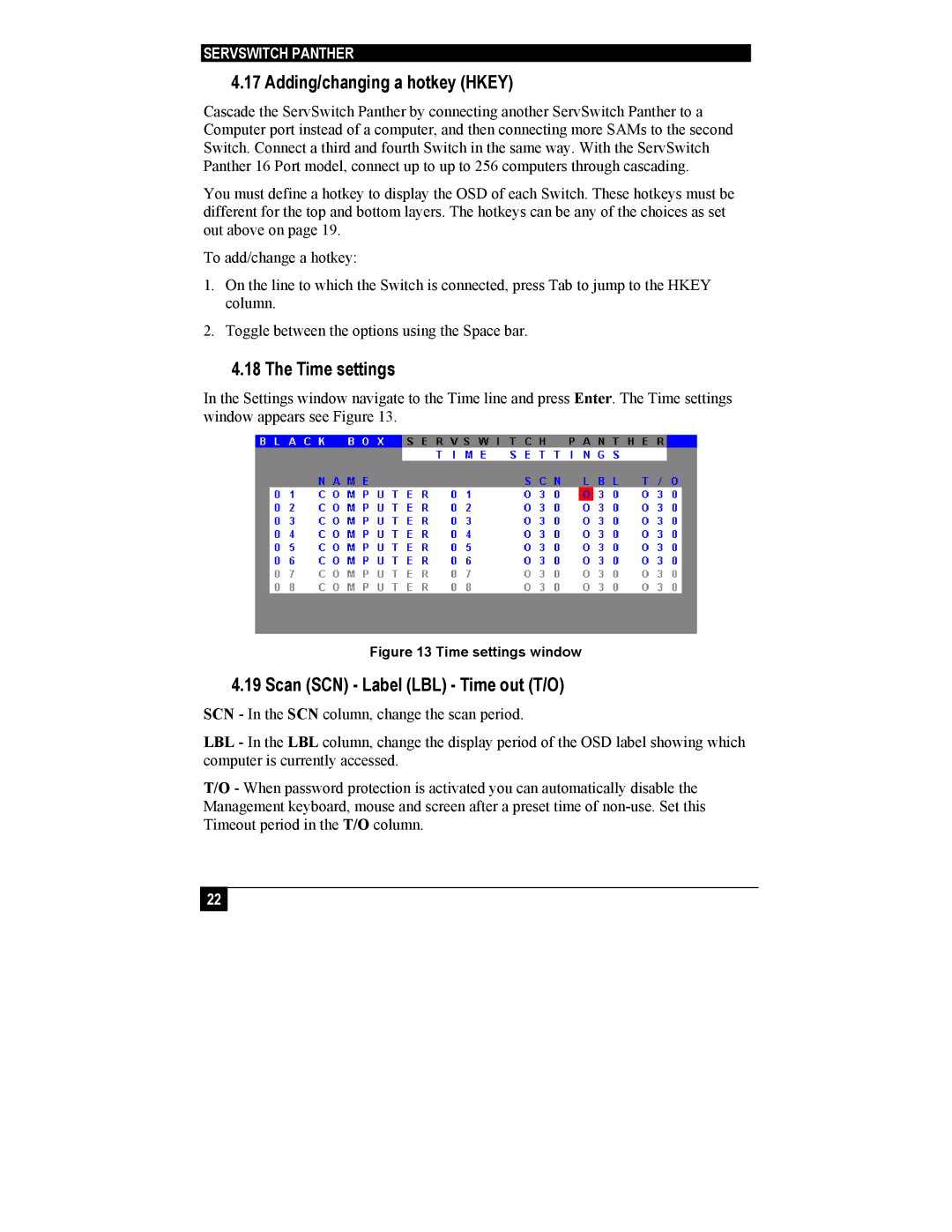 Black Box KV1108A, KV1116A manual Adding/changing a hotkey Hkey, Time settings, Scan SCN Label LBL Time out T/O 