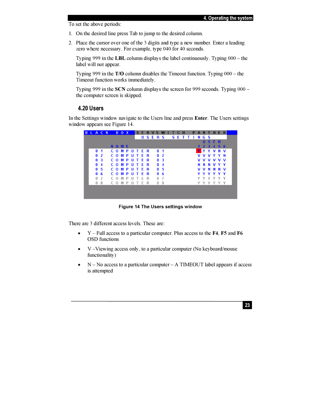 Black Box KV1116A, KV1108A manual Users settings window 