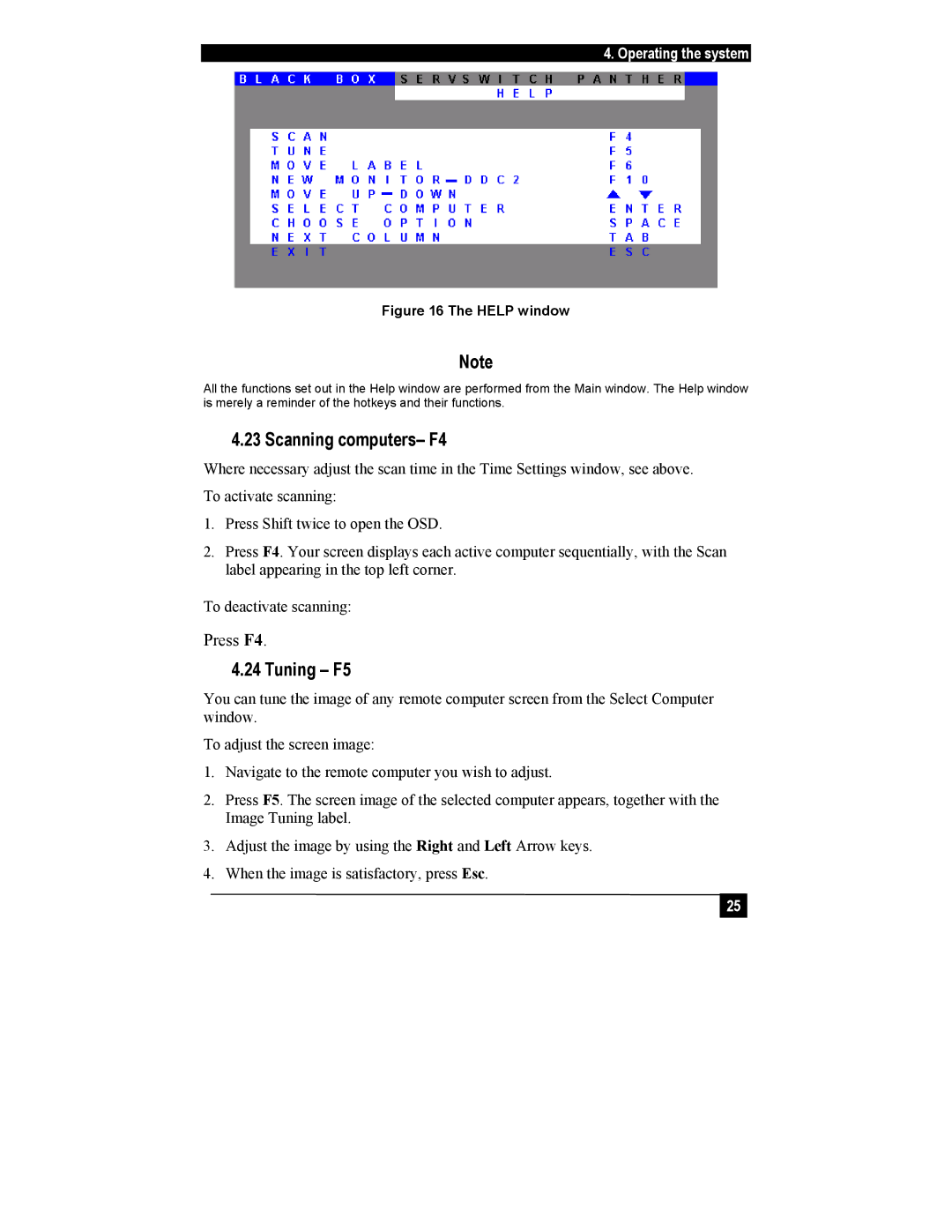 Black Box KV1116A, KV1108A manual Scanning computers- F4, Tuning F5 