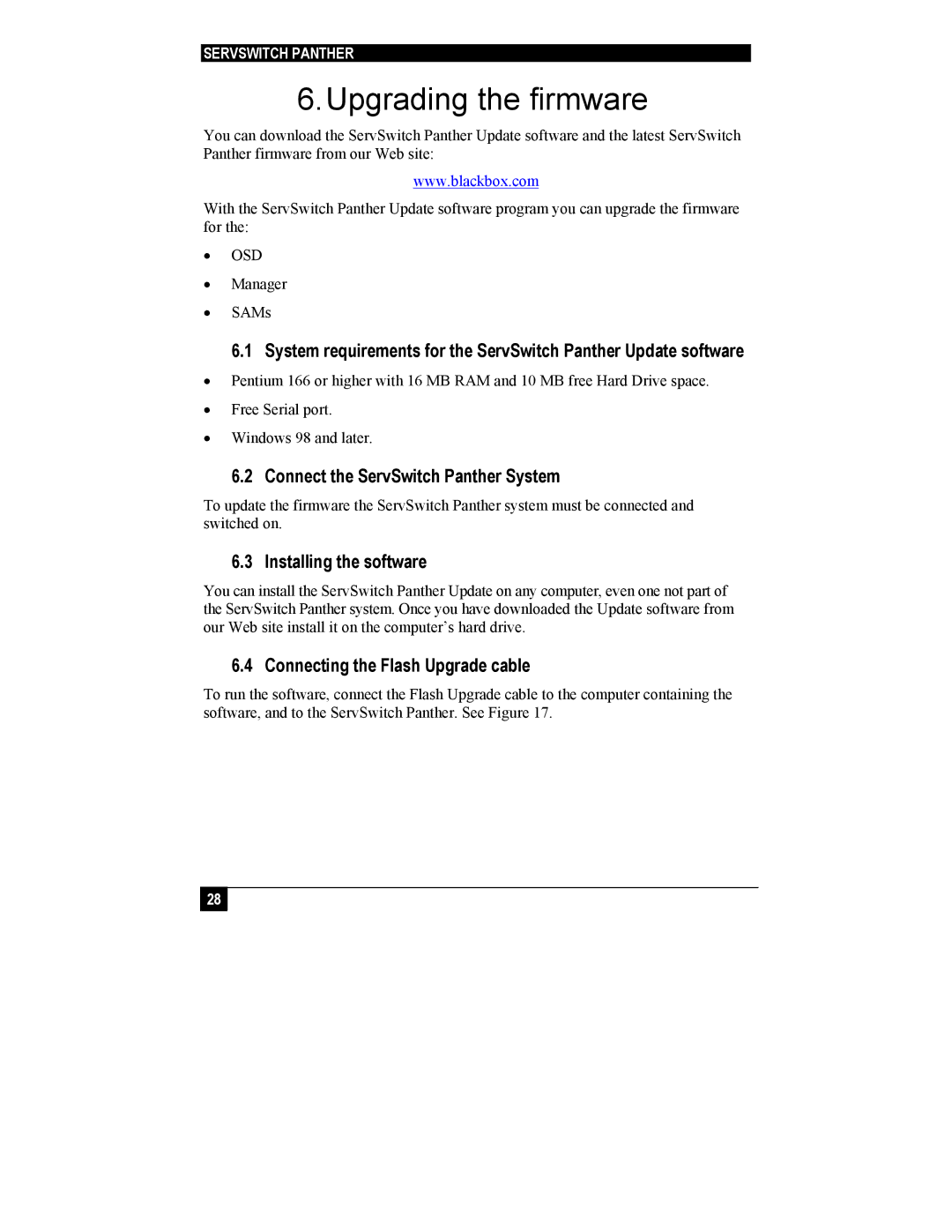 Black Box KV1108A, KV1116A manual Upgrading the firmware, Connect the ServSwitch Panther System, Installing the software 