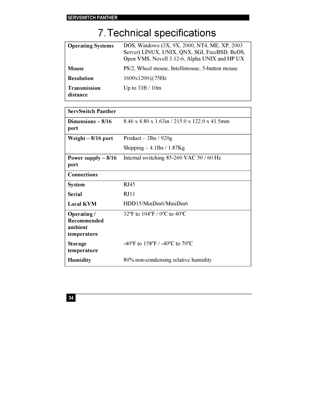 Black Box KV1108A, KV1116A manual Technical specifications 